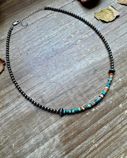 3mm Sterling Pearls with Turquoise Heishi and Spiny Oyster