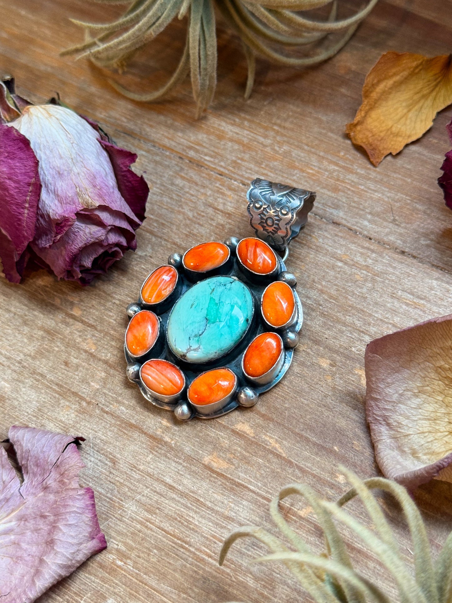 Spiny Oyster & Emerald Rose Sterling Silver Pendant